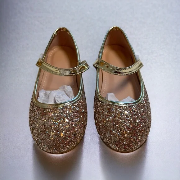 Champagne Gold Glitter Mary Jane Girl Flats Size 11 (29) Little Kid - Picture 1 of 6